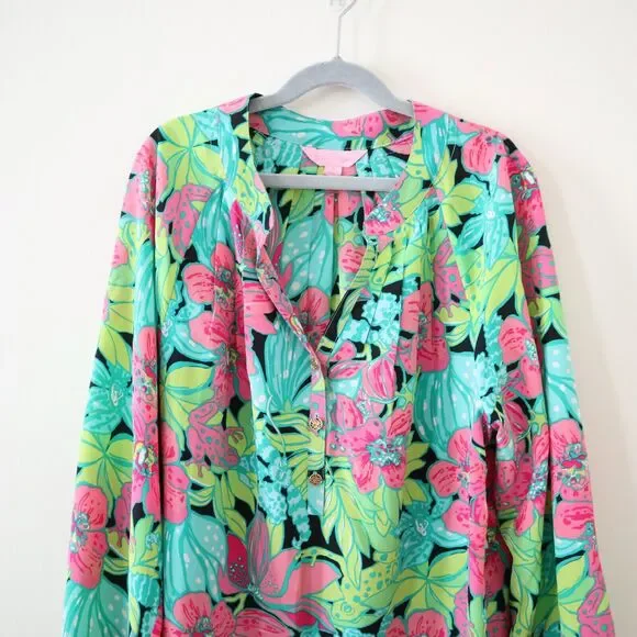 Lilly Pulitzer Size S 100% Silk Elsa Skip On It Top Blouse Frogs Floral - Picture 2 of 13